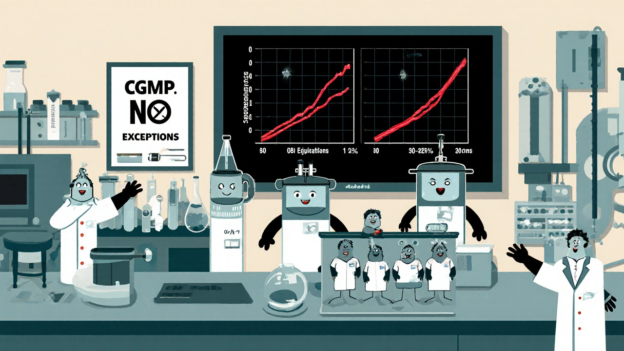 Anthropomorphic lab equipment testing bioequivalence with volunteers, graphs glowing with strict limits.