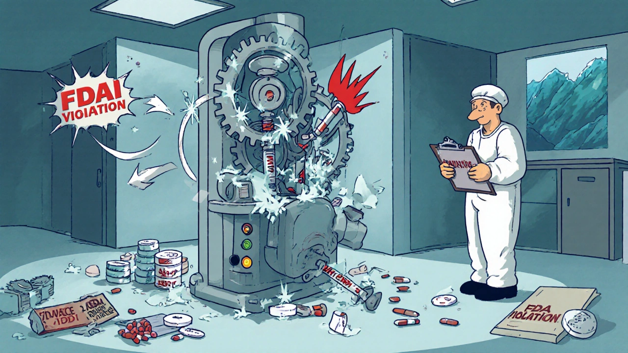 Broken syringe machine in factory with warning lights and global supply arrows