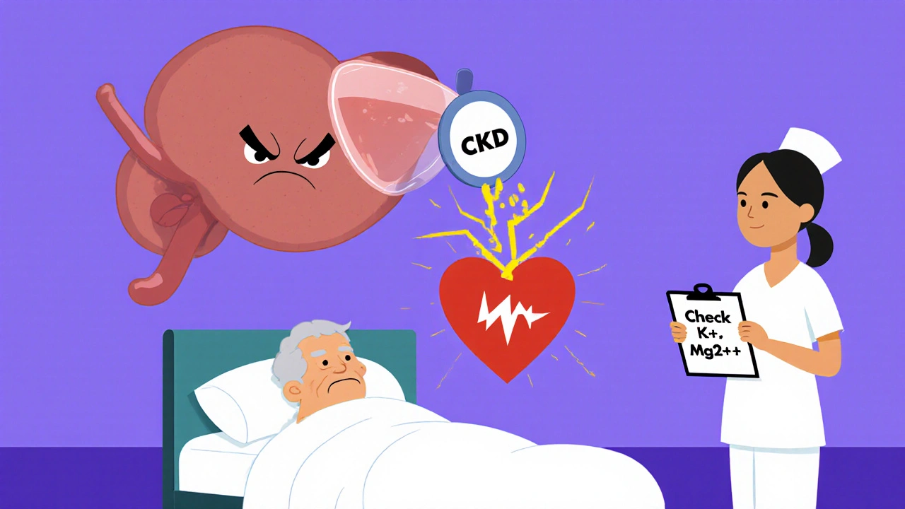 Cartoon kidney overflows digoxin into a sparking heart, symbolizing toxicity risk.