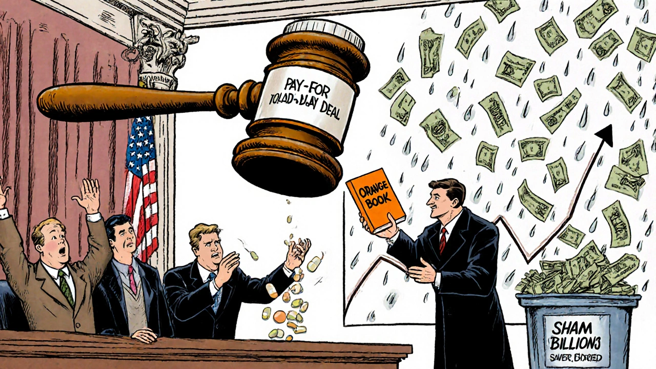 Courtroom scene with FTC stopping pay-for-delay deal as generic pills flood the market.