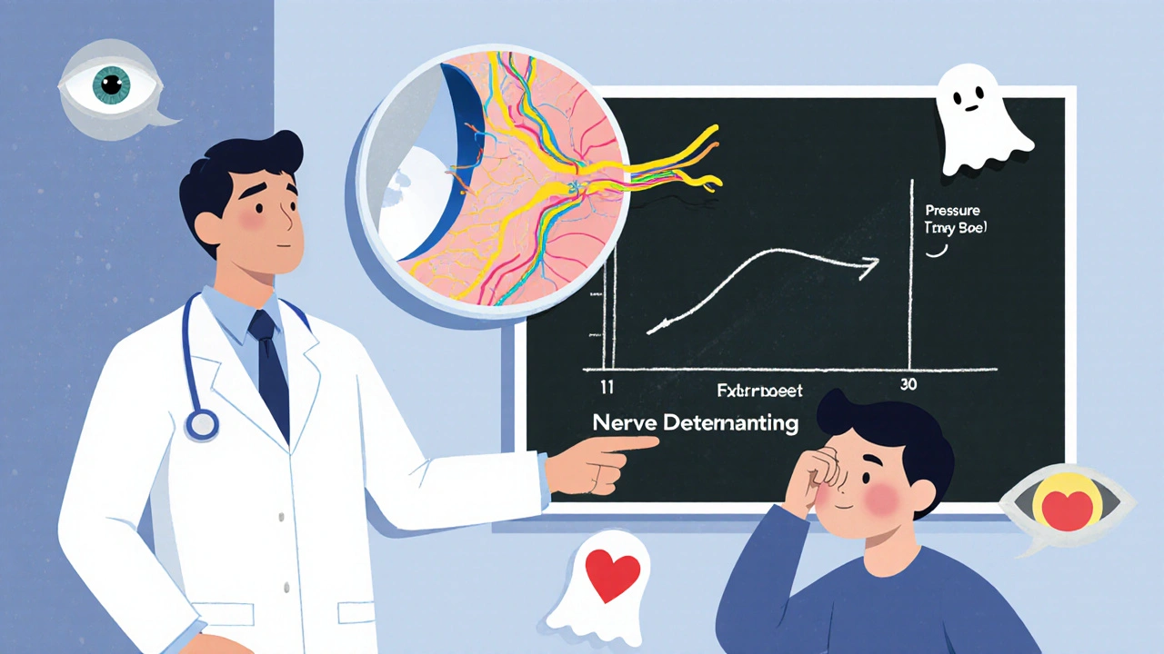 Doctor explains optic nerve thinning on a diagram while patient ignores floating symptoms like dry eyes and fading vision.