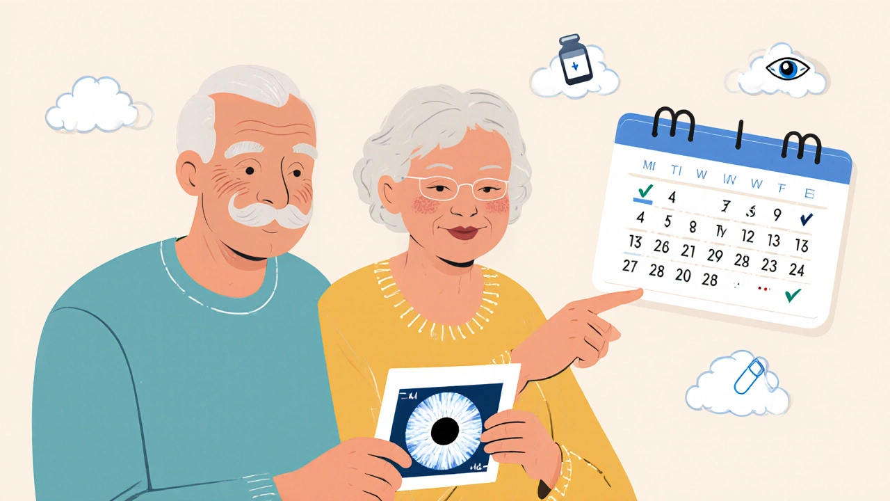 Elderly couple with retinal scan and pill calendar, symbolizing consistent care for advanced AMD.