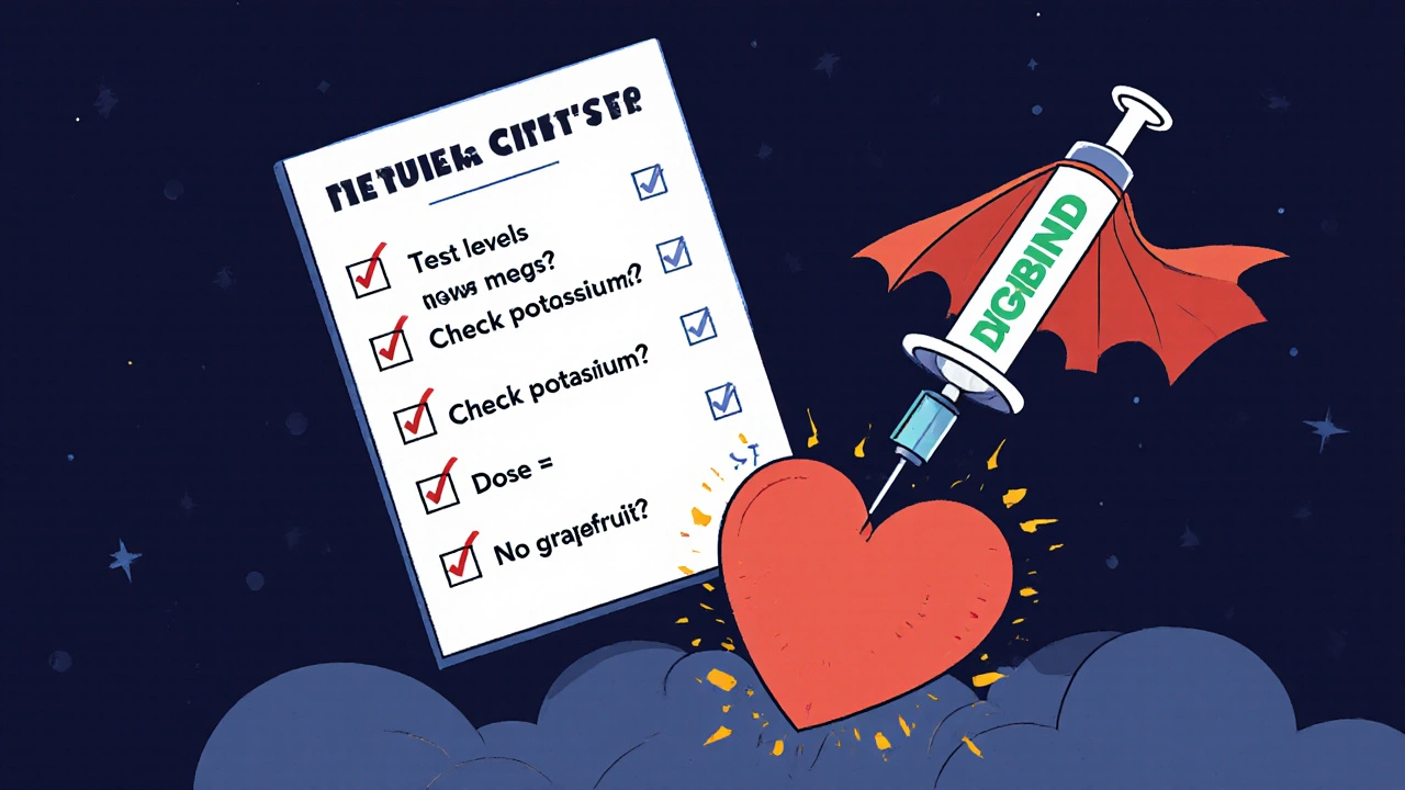 Floating medical checklist with digoxin safety tips and Digibind syringe in UPA style.