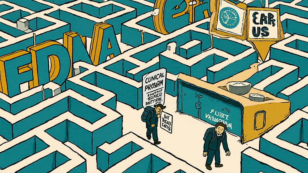 Generic drug developers navigating a regulatory maze with FDA and EMA logos as walls.
