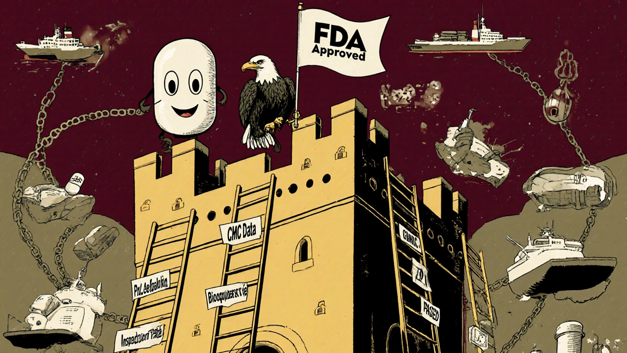 Generic pill team scaling a brand-name drug fortress, planting an &#039;Approved&#039; flag under FDA eagle&#039;s watch.