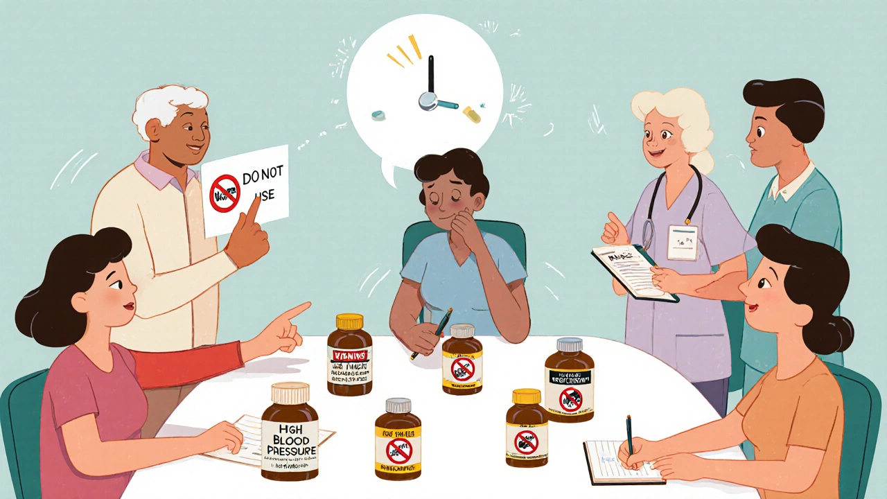 Group of people reviewing OTC medicine labels with clear warning icons at a table, one taking notes.