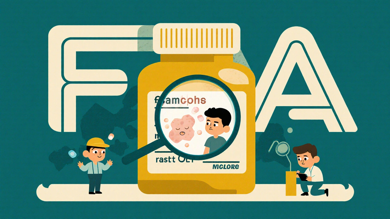 Magnifying glass revealing hidden inactive ingredients causing reactions in a pill bottle.