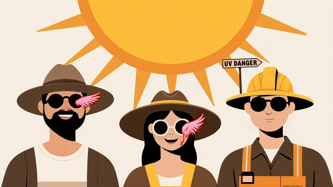 Outdoor workers with eye growths protected by sunglasses and hats.
