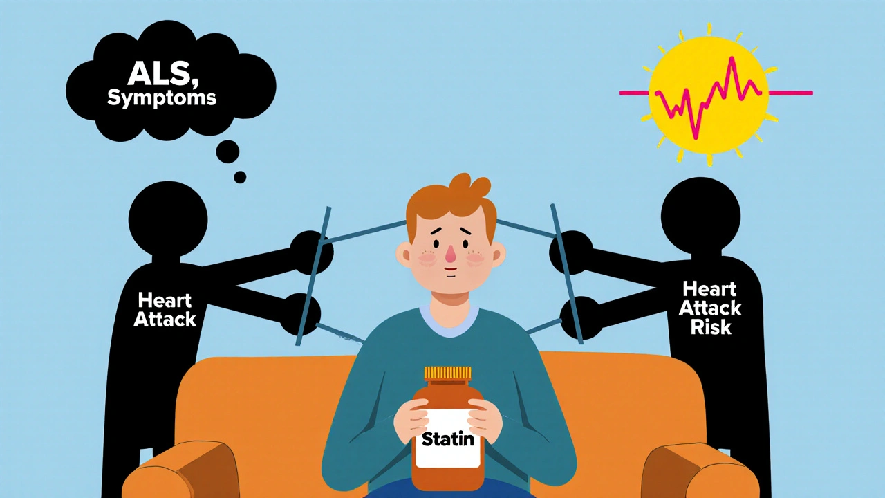 Patient torn between ALS symptoms and heart attack risks, illustrated with opposing shadow figures.