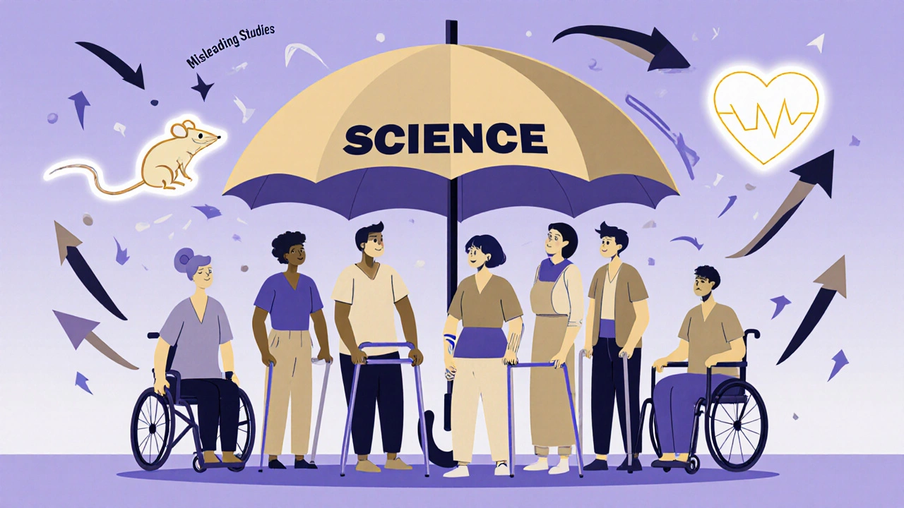 Patients protected under a &#039;Science&#039; umbrella, shielded from misleading arrows by a glowing mouse and heart.