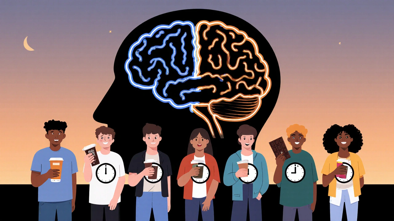 People hold caffeine sources with timers, while a glowing brain shows disrupted sleep patterns.