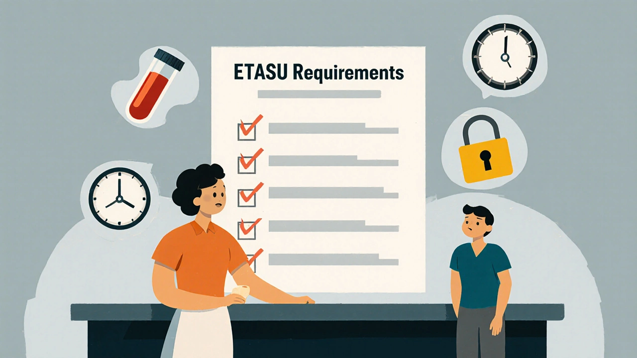 Pharmacist manages REMS requirements with floating icons of tests and registry locks.