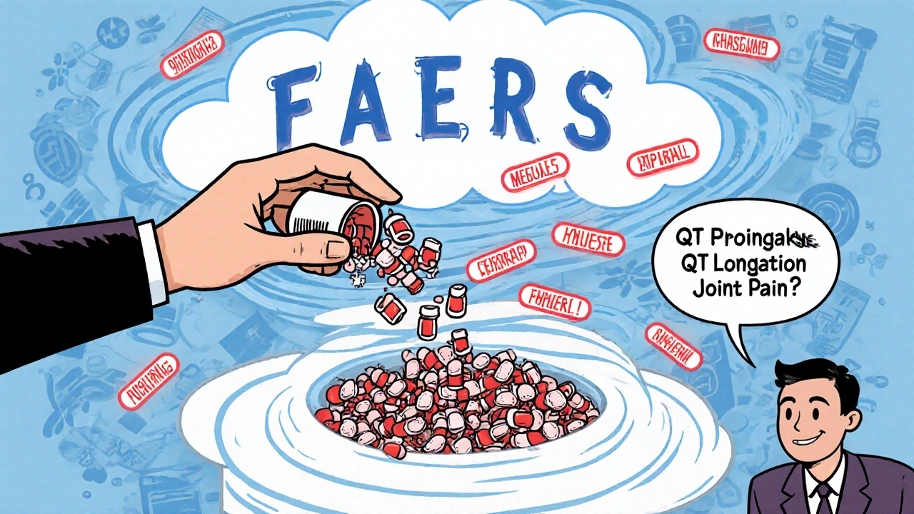 Pill bottles flowing into a database with warning signals glowing like fireflies.