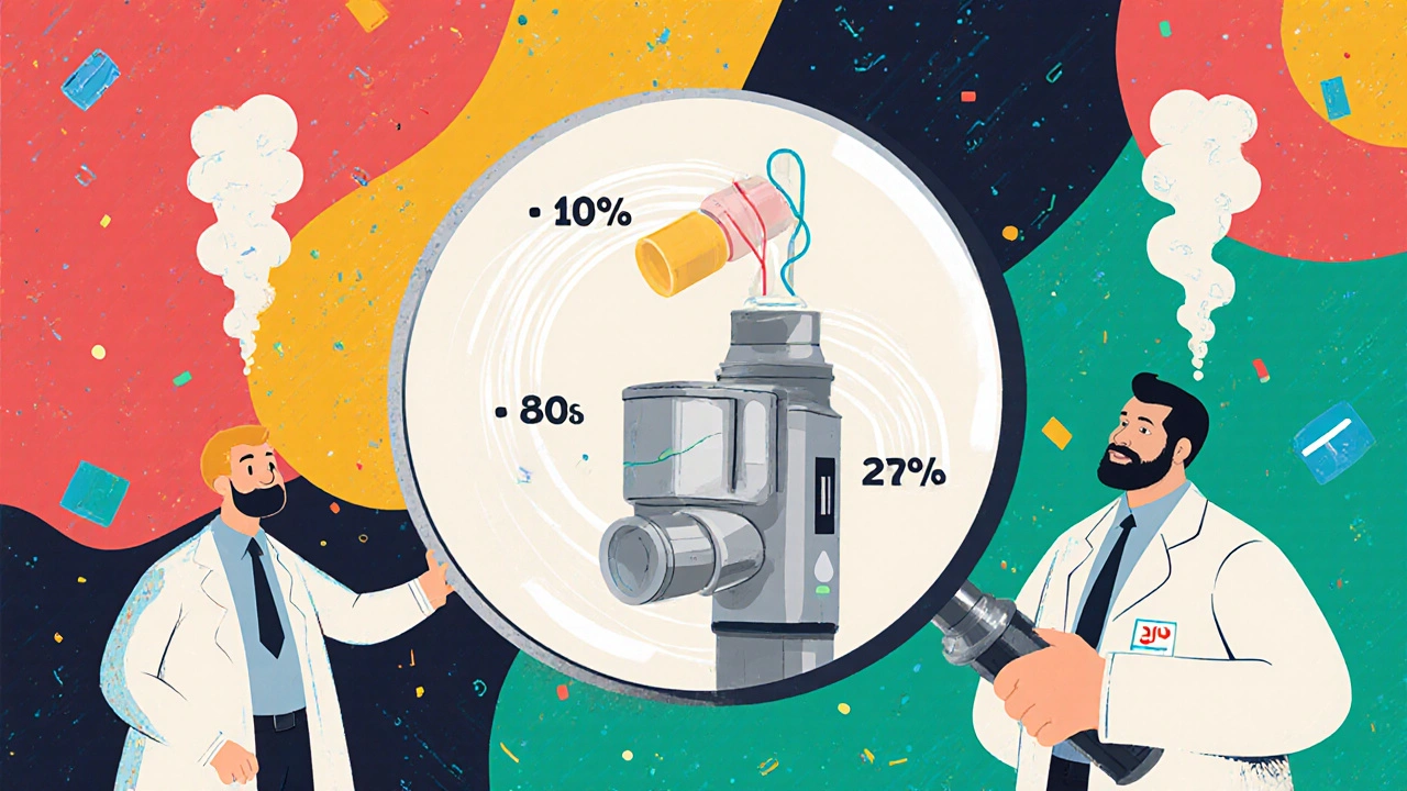 Scientists studying inhaler delivery with matching smoke trails showing bioequivalence between generic and brand drugs.