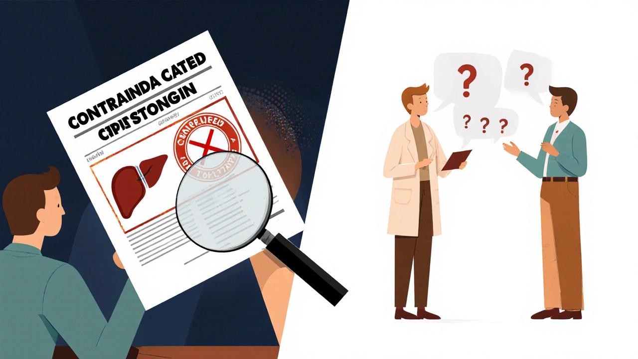 Split scene of patient reading drug label with contraindications, asking pharmacist for clarification.