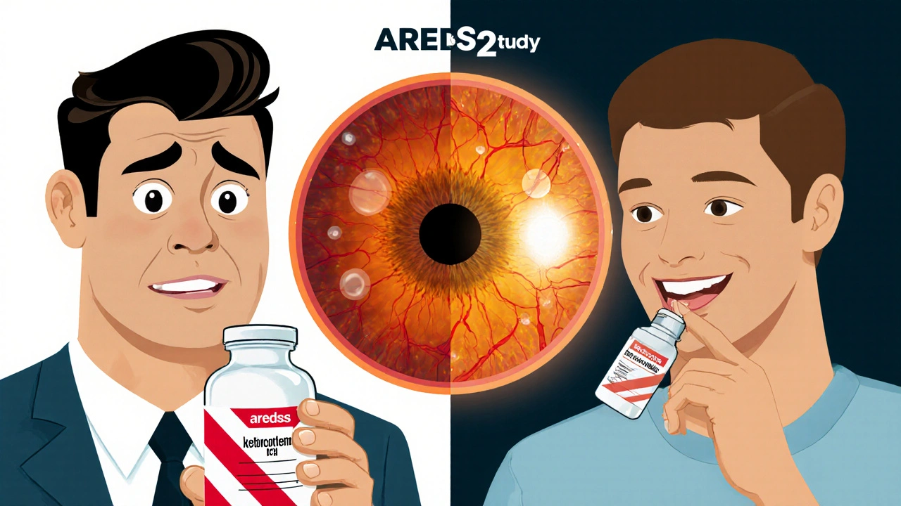 Split scene: smoker with dangerous beta carotene supplement vs. safe AREDS2 pill with lutein and zeaxanthin.