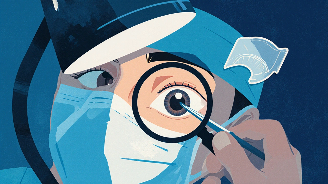 Surgeon removing a pterygium with a graft, in a retro medical setting.