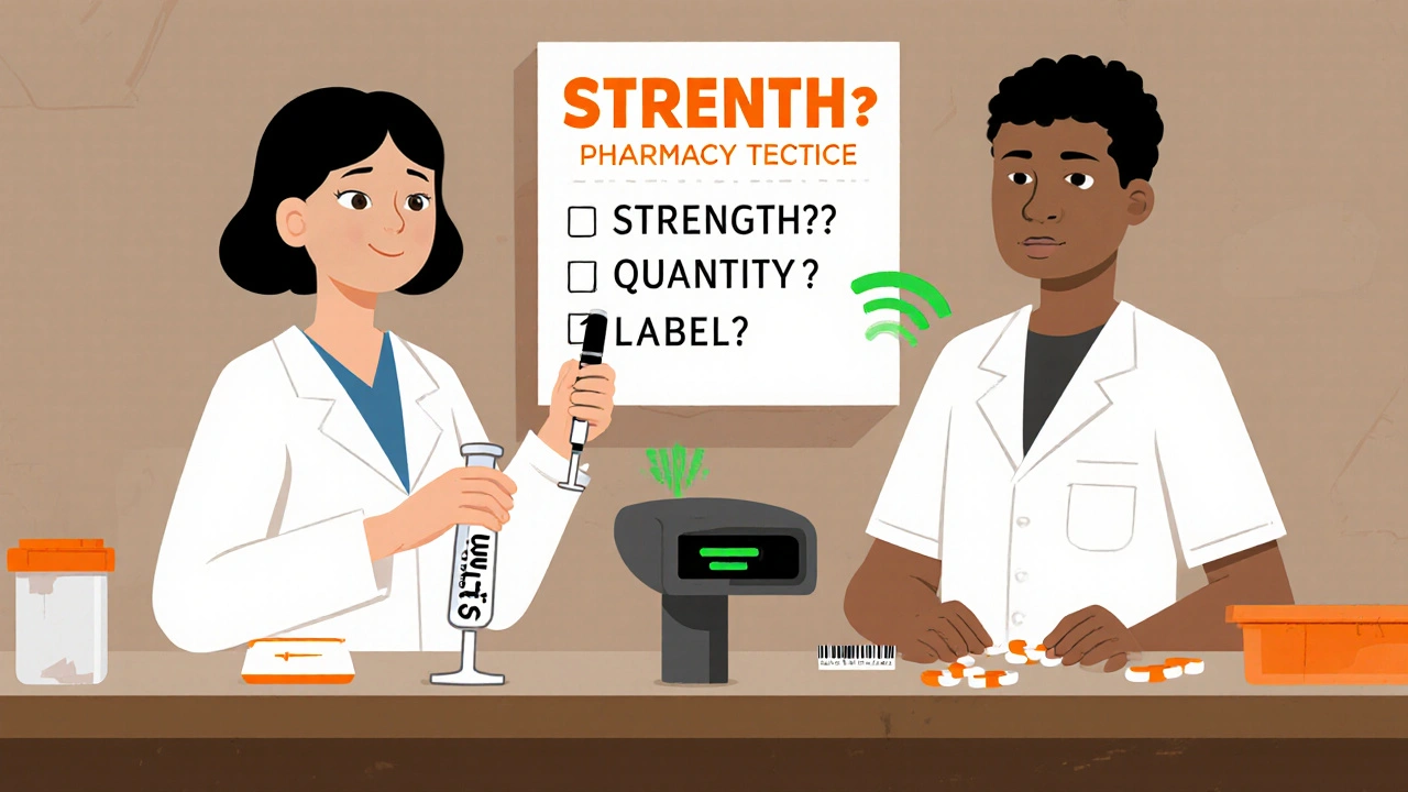 Two pharmacy staff verifying medication with syringe and barcode scanner