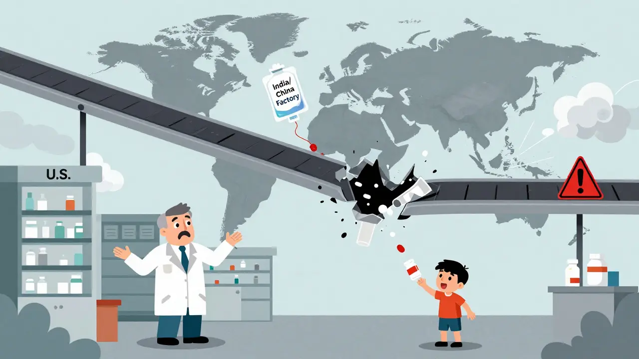 A broken supply chain conveyor belt dropping medicines into a void labeled with overseas factories.
