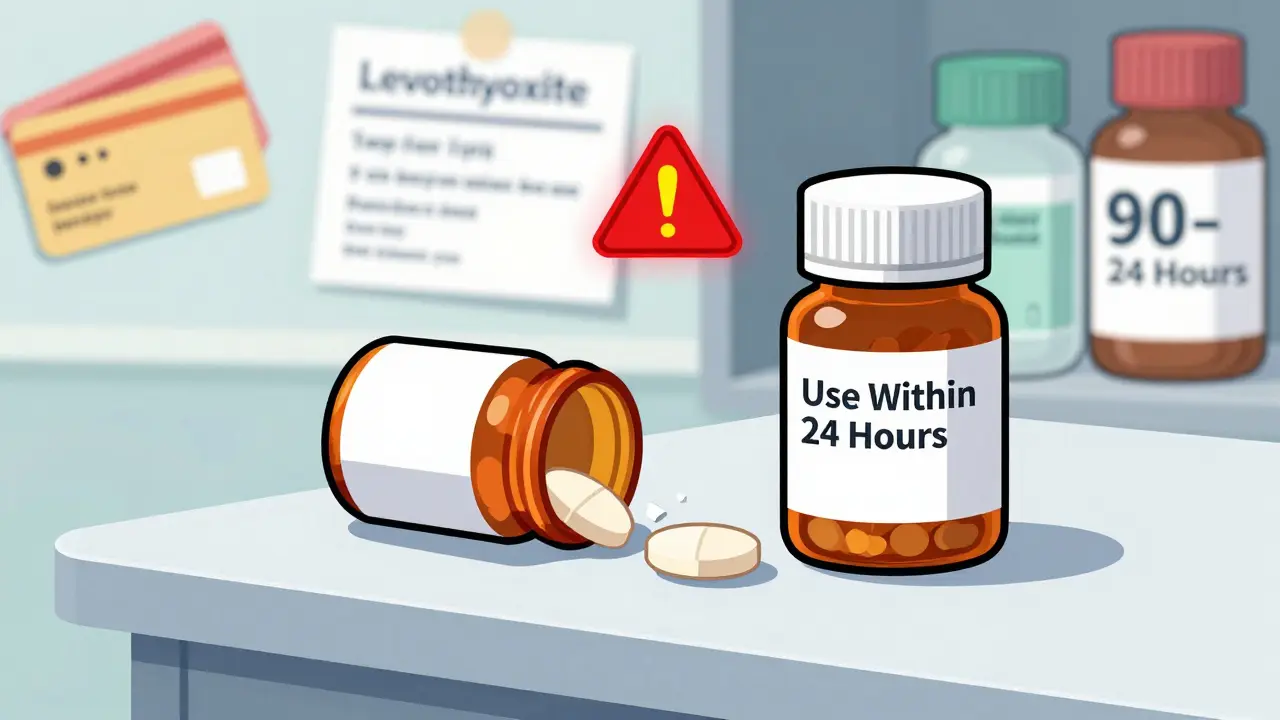 A crumbled pill next to a warning sign, contrasted with safe alternatives like discount cards and 90-day supply bottles.