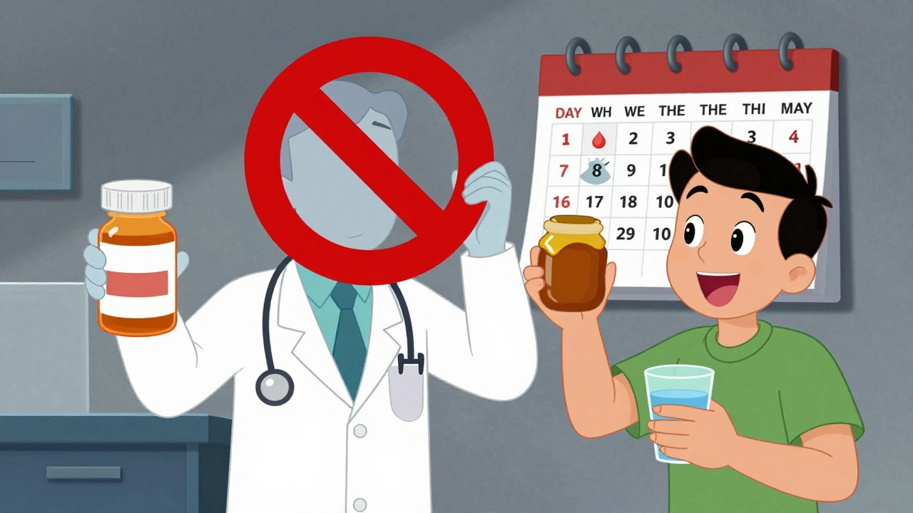 A doctor blocking antibiotics as a patient holds honey and water with optimism.