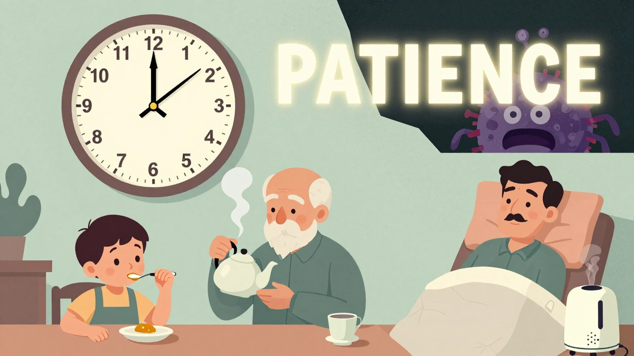 A family caring for each other with honey, steam, and rest as days pass.