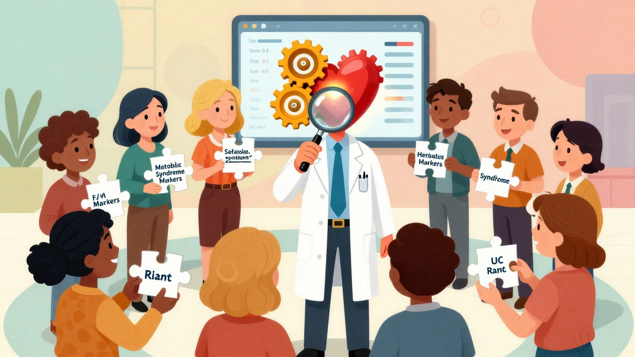 A group of people holding puzzle pieces that form a heart, representing coordinated care for metabolic syndrome.