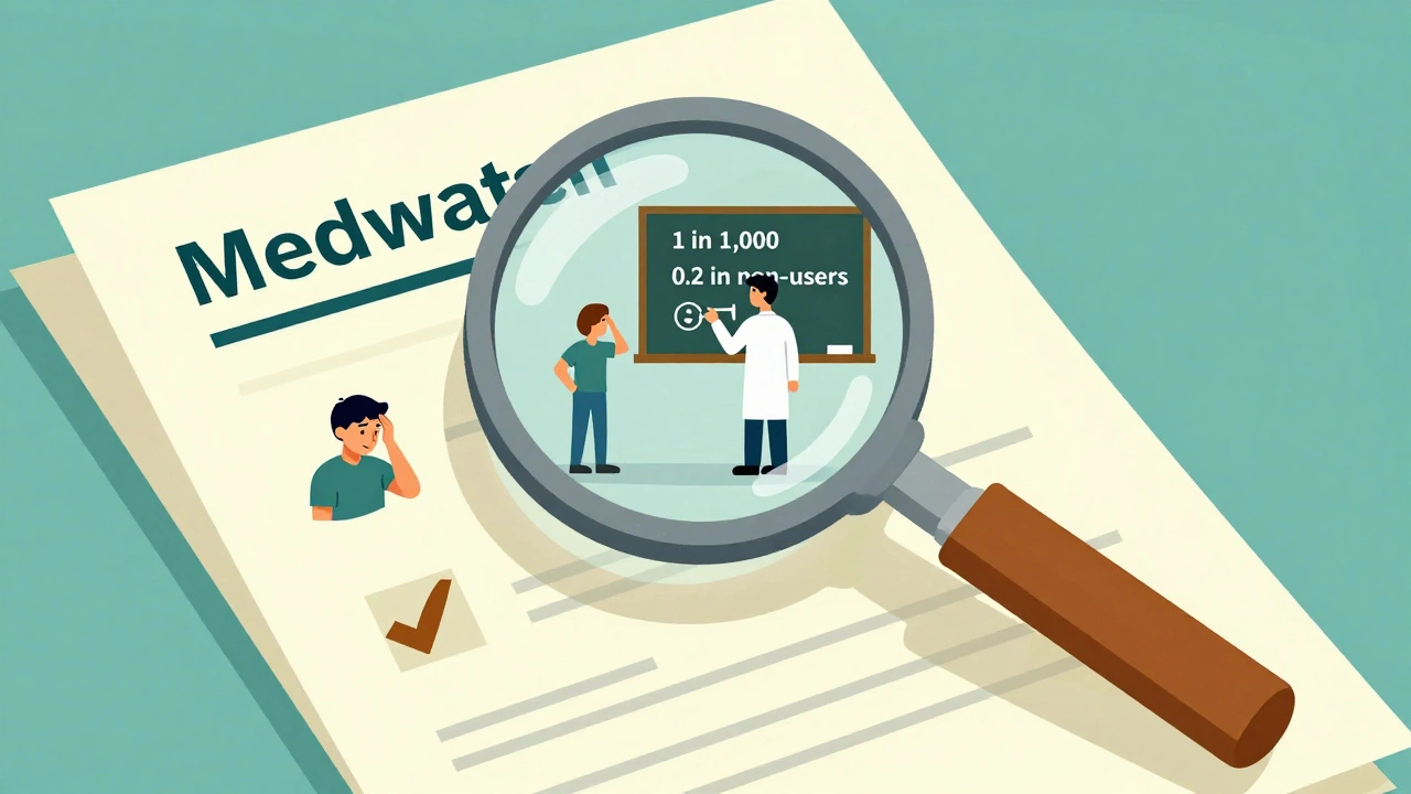 A magnifying glass reveals data patterns in FDA safety reports with medical icons and numbers in 1950s graphic style.
