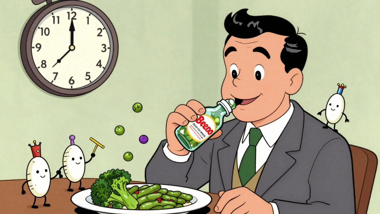 A man taking Beano before eating beans, with enzymes breaking down food molecules in a 1950s cartoon style.