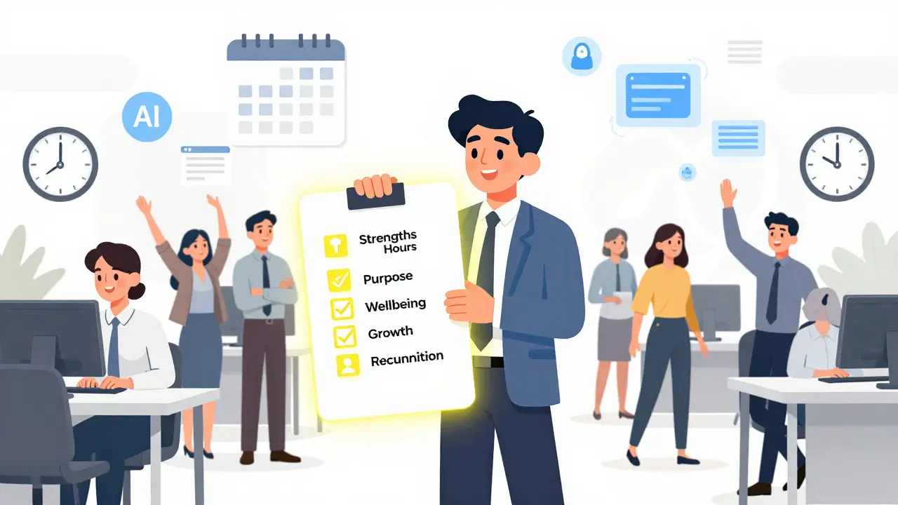 A manager with a wellbeing checklist, while employees smile and leave desks with flexible hours.