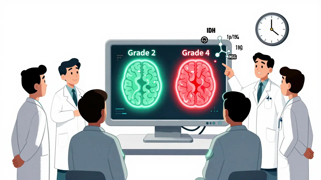 A medical team examining two identical MRI brain tumors that glow differently as Grade 2 and Grade 4, with molecular markers floating in the air.
