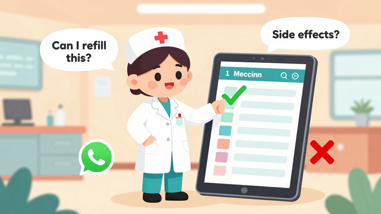 A nurse guiding a patient through a medication list on a tablet, with unsafe messaging apps crossed out.