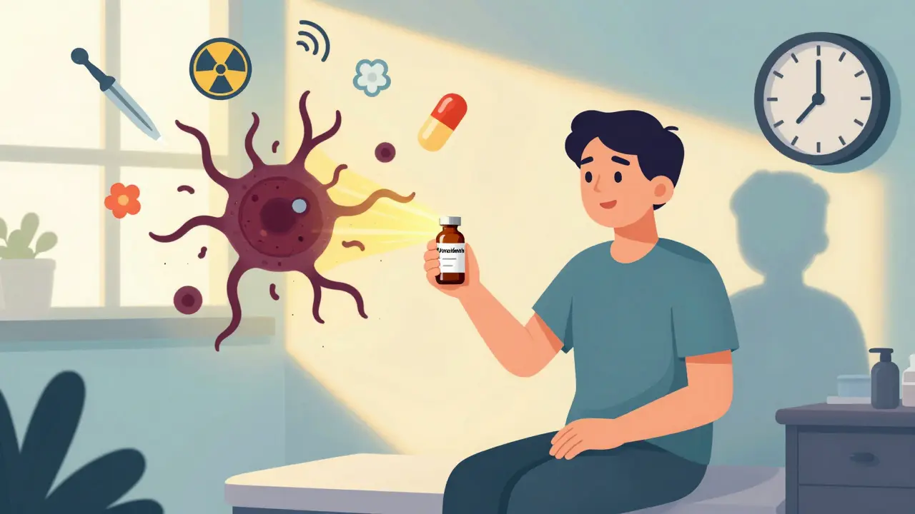 A patient holding a vial of vorasidenib as golden light slows a tumor’s growth, with fading medical icons and blooming flowers around them.