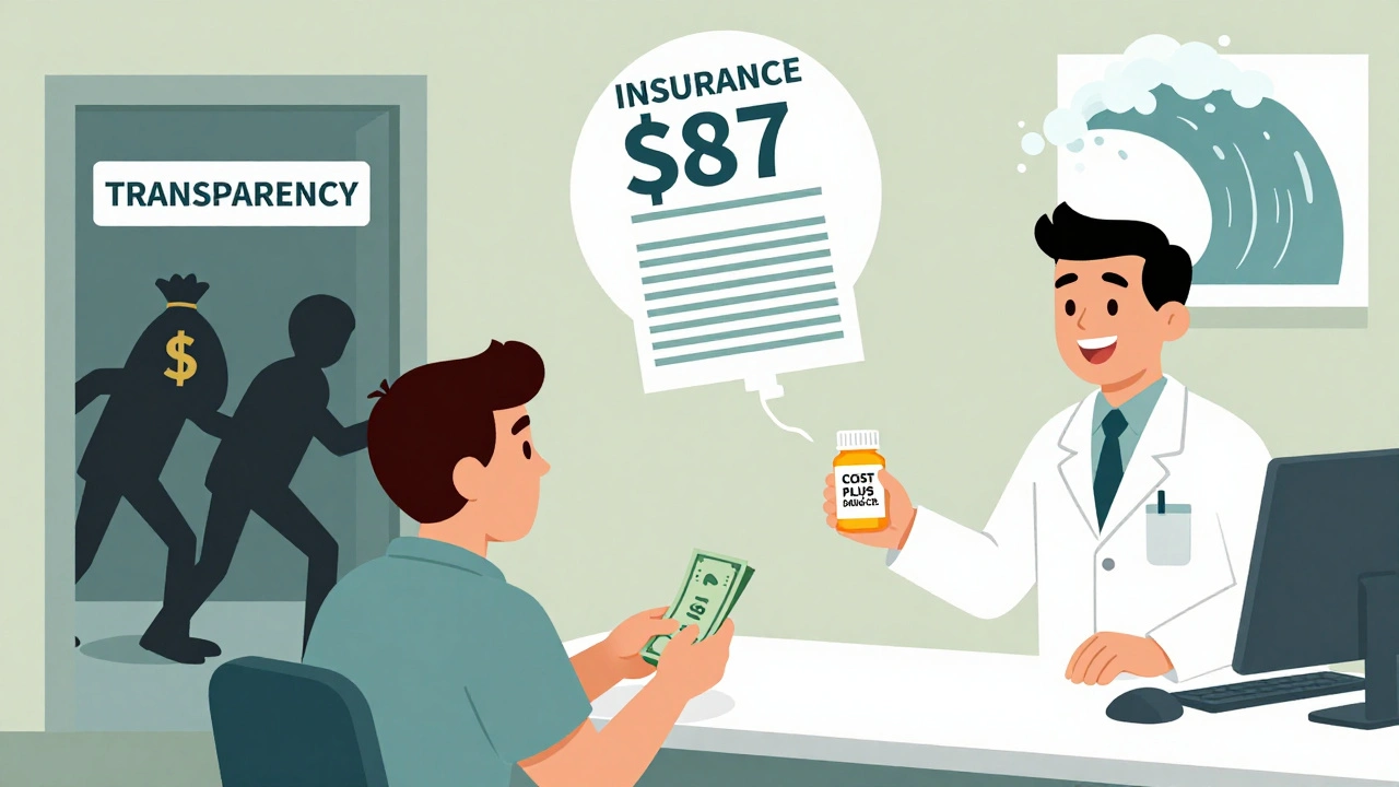 A patient pays .99 cash while an  insurance bill floats away—showing hidden PBM markups.