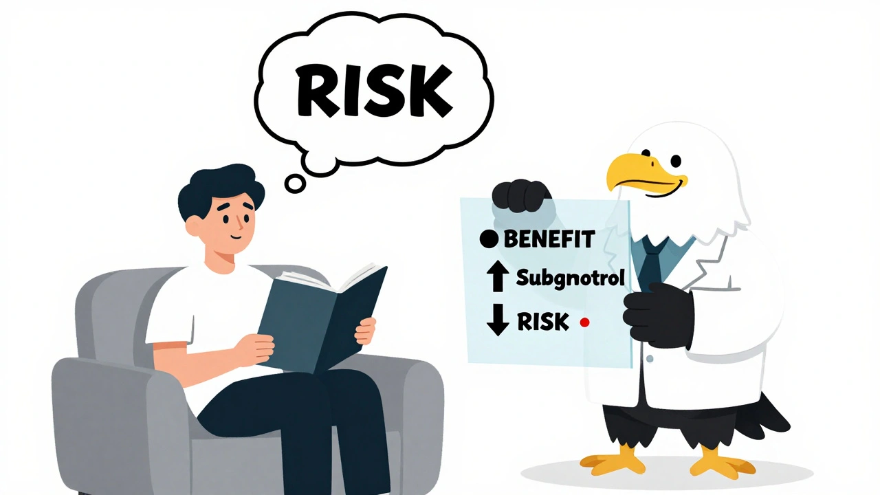 A patient sees a scary risk monster, while an FDA mascot shows a clear benefit-risk chart in stylized cartoon form.
