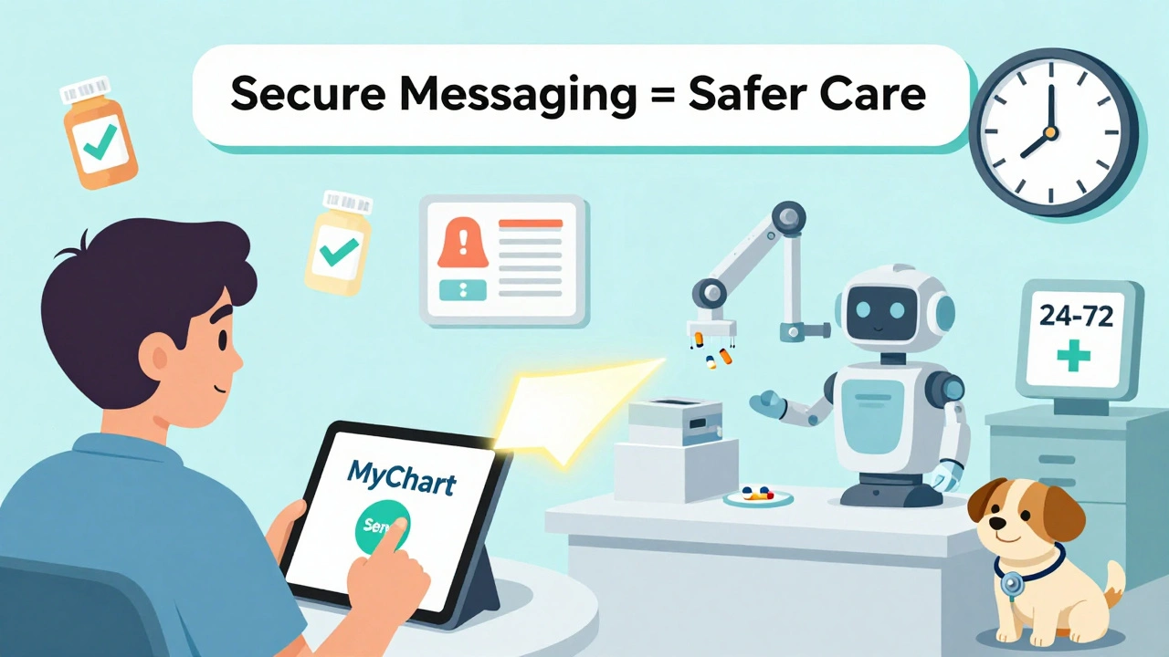 A patient sending a medication request that triggers an automated pharmacy response, with time and safety indicators.