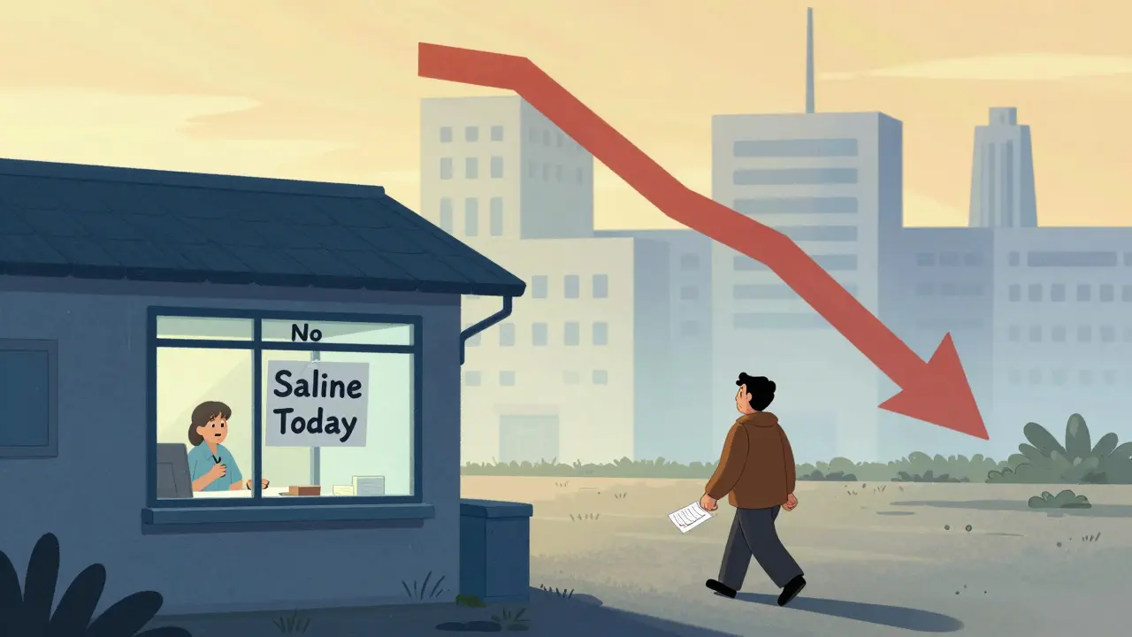 A patient walking away from a rural pharmacy with a sign saying 'No Saline Today'.