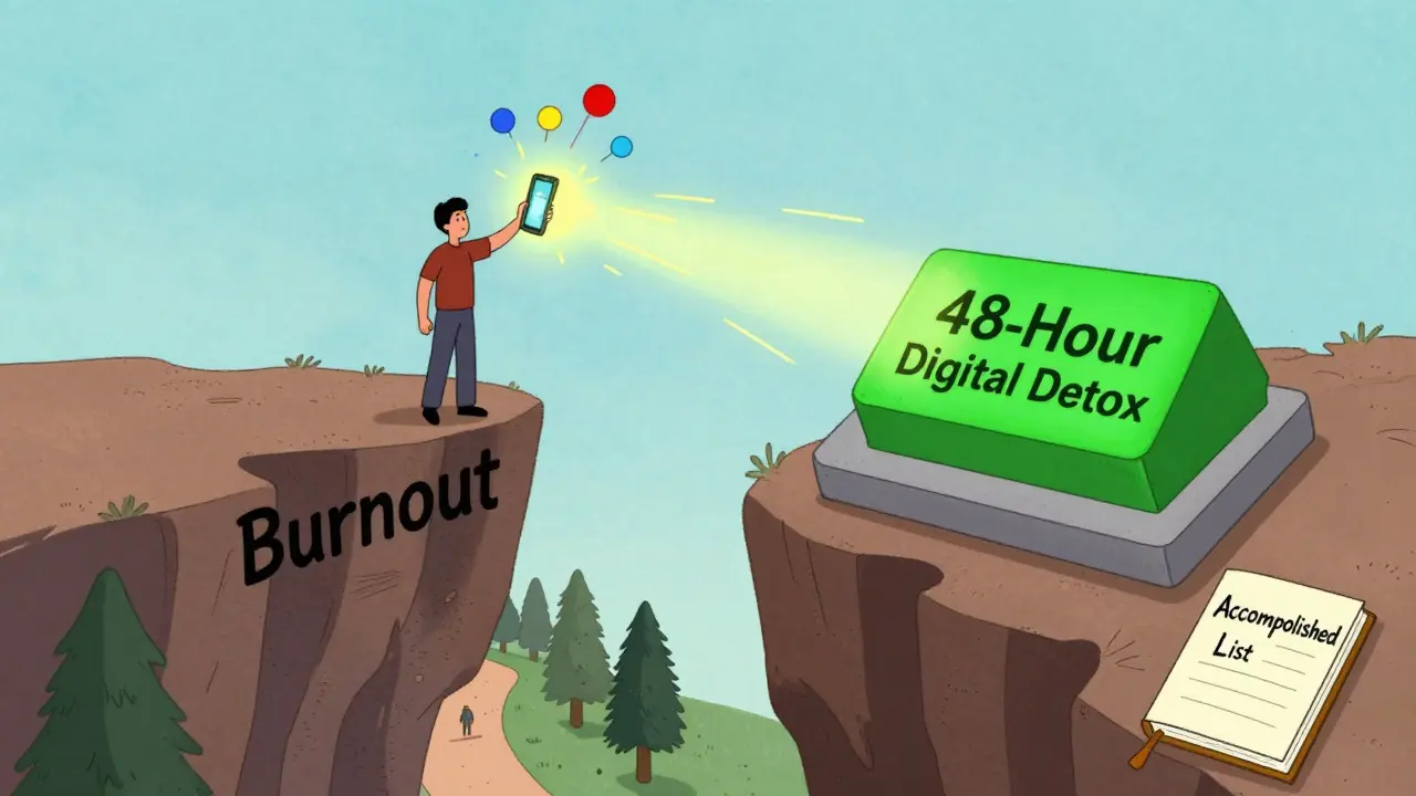 A person pressing a 'Digital Detox' button at the edge of a burnout cliff, walking toward nature and a journal.