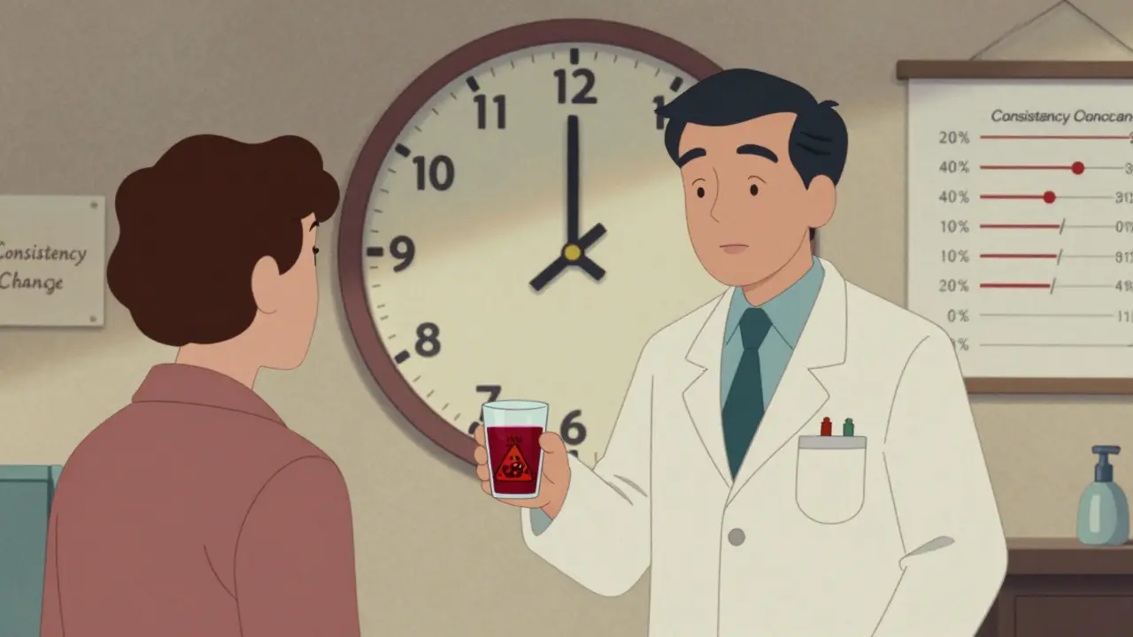 A pharmacist gives pomegranate juice with a caution sign, while a clock shows two-hour timing and an enzyme inhibition chart hangs on the wall.