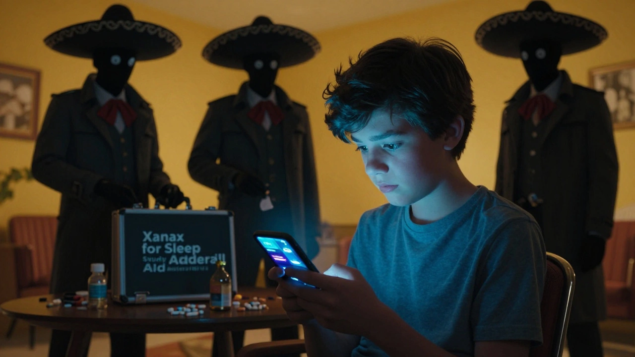 A teen scrolling fake pill ads while shadowy figures hand out pills from a briefcase.