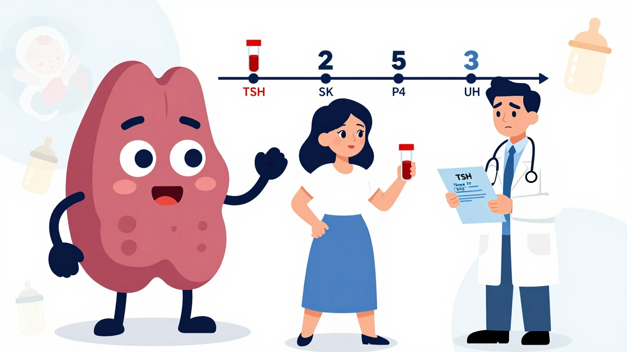 A woman presents blood test results to a doctor, with a friendly thyroid pointing to key markers as diagnosis time shortens.