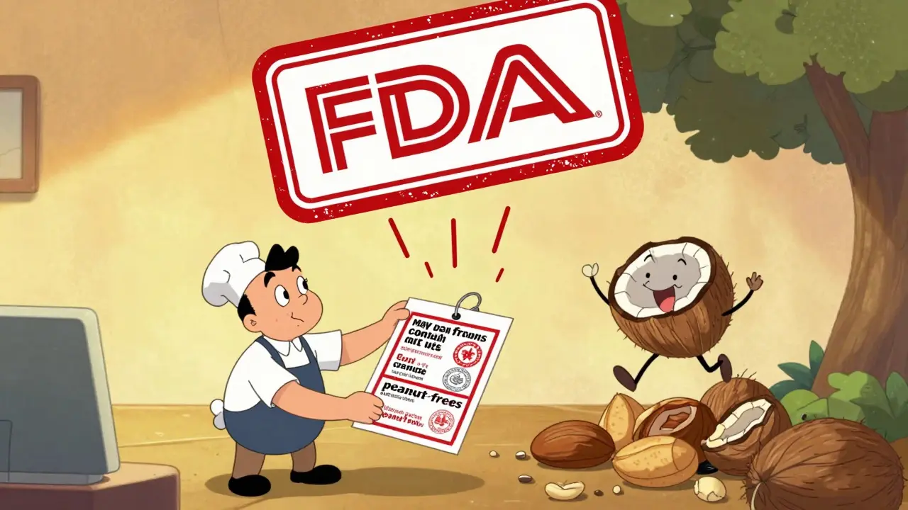 Bakery owner replacing old labels with new peanut-free ones, coconut leaving tree nut list.