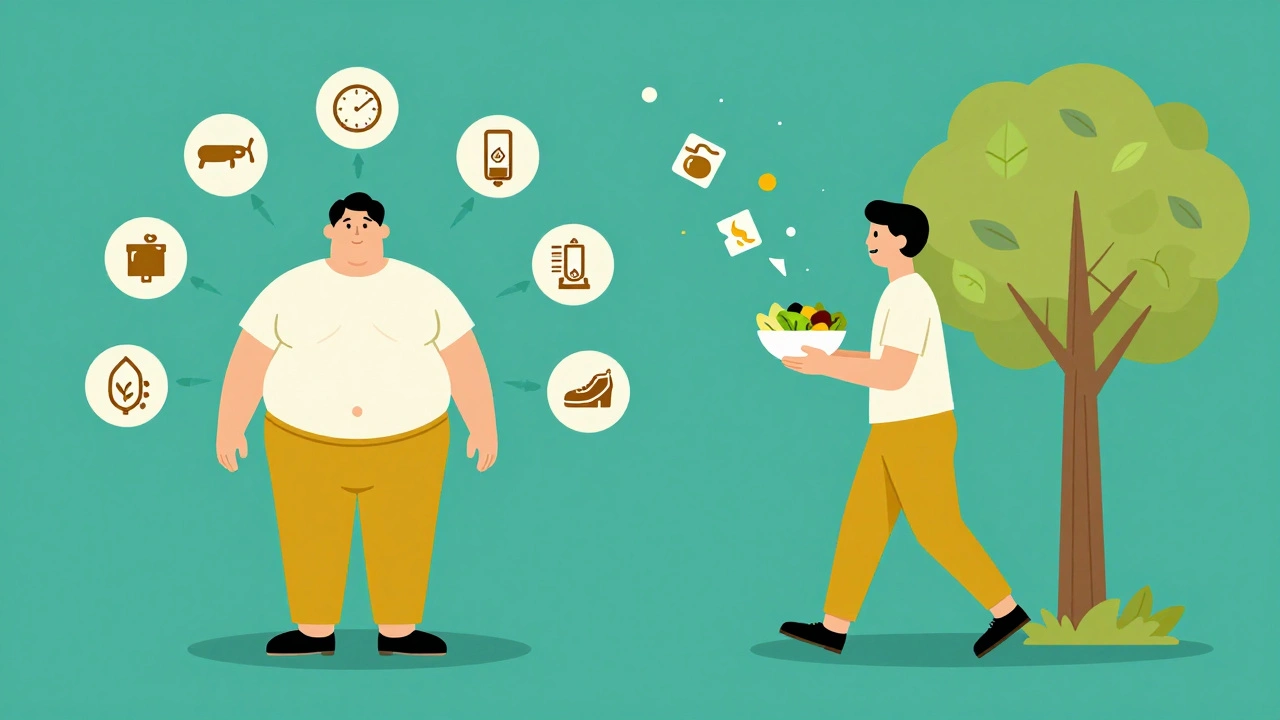 Before and after illustration of a person with metabolic syndrome, showing unhealthy habits versus healthy lifestyle changes.