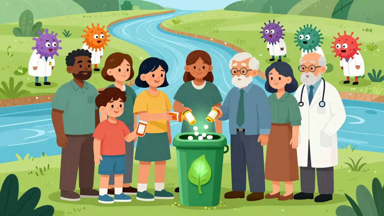 Diverse group tossing empty antibiotic bottles into a green disposal bin as clean water flows behind them.
