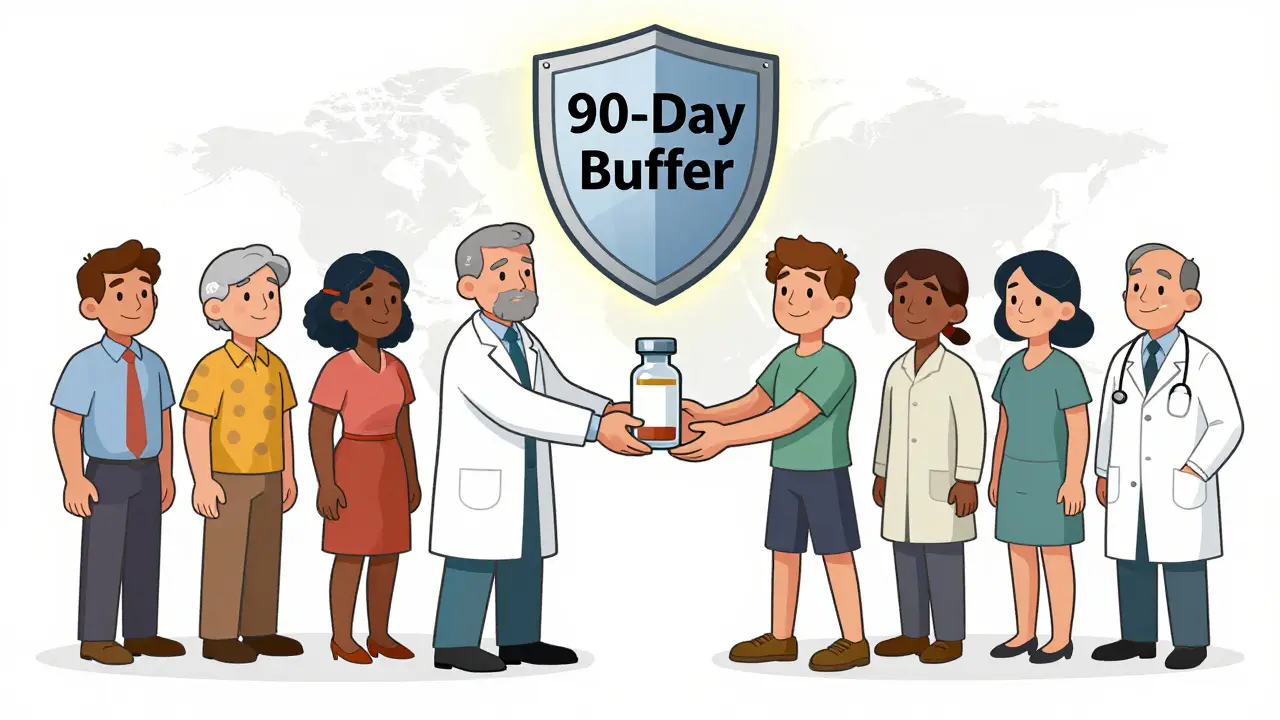 Diverse people passing medicine across regions under protective shield