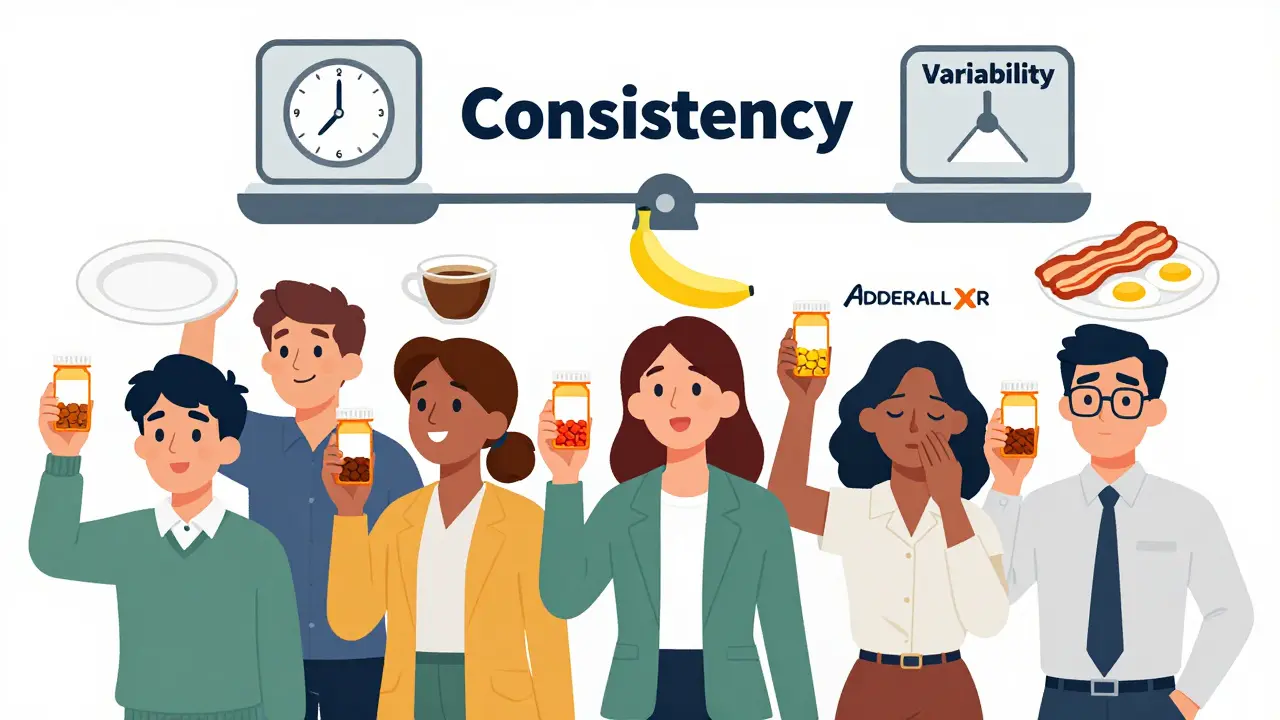 Diverse people with different breakfast routines and medication outcomes, UPA cartoon style, no text.
