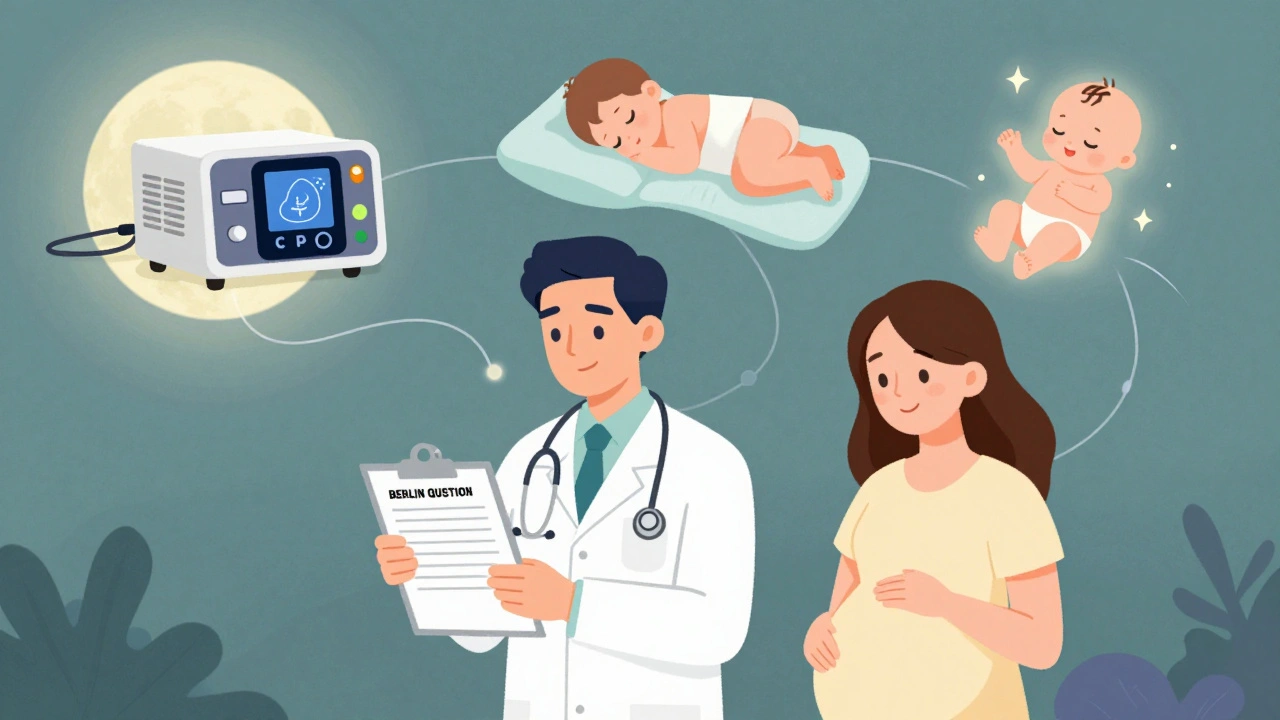 Doctor and patient discussing sleep apnea screening, with health tools floating around them.