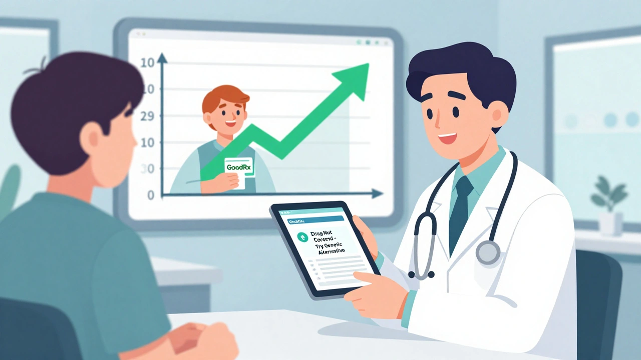 Doctor uses tablet to show patient a covered alternative drug, with cost comparison visuals in the background.