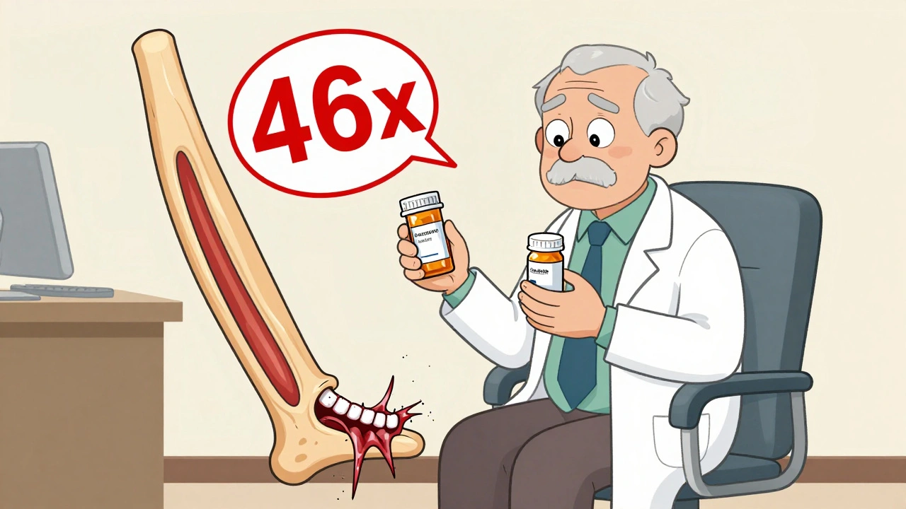 Elderly patient holding two prescriptions as a fraying tendon looms large in a doctor&#039;s office, UPA style.