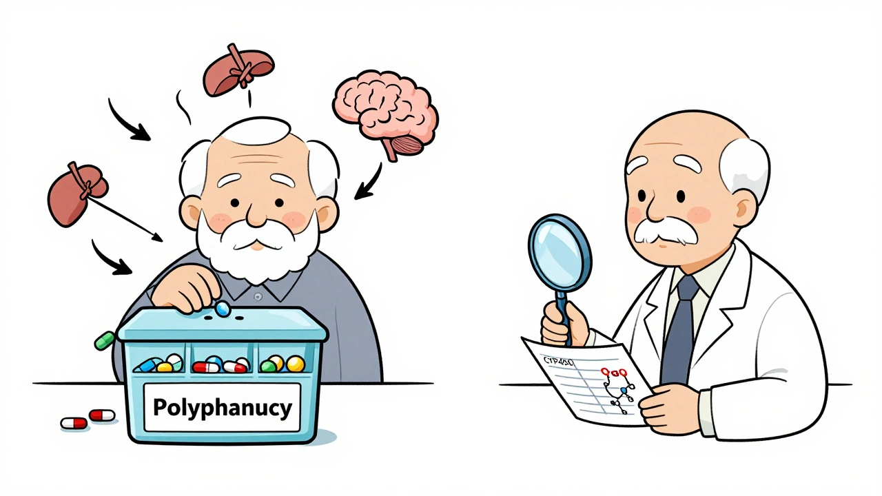 Elderly patient surrounded by pills and pharmacist checking genetic chart